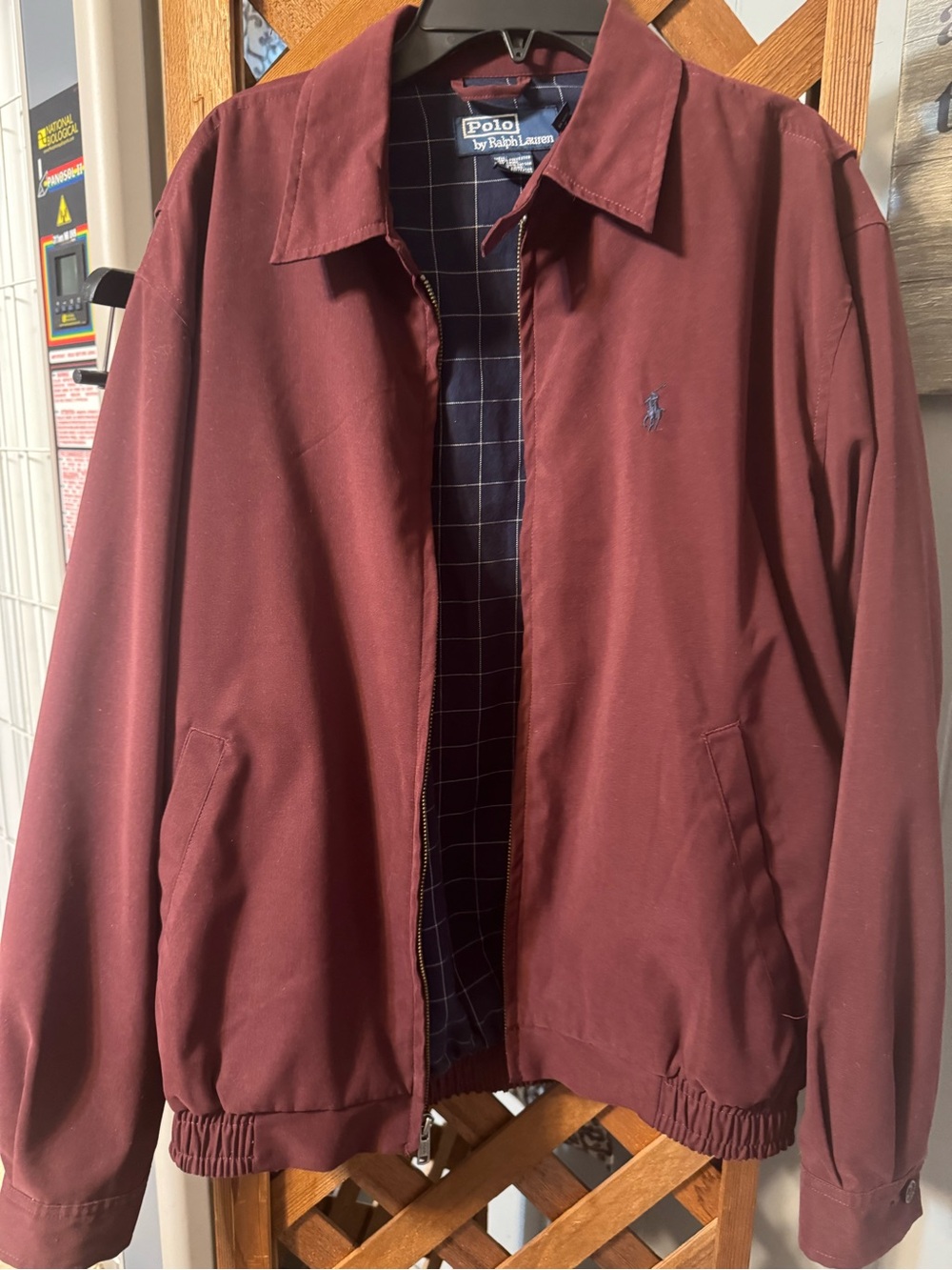Ralph Lauren Men's Burgundy Bomber Jacket with Navy Checked Lining